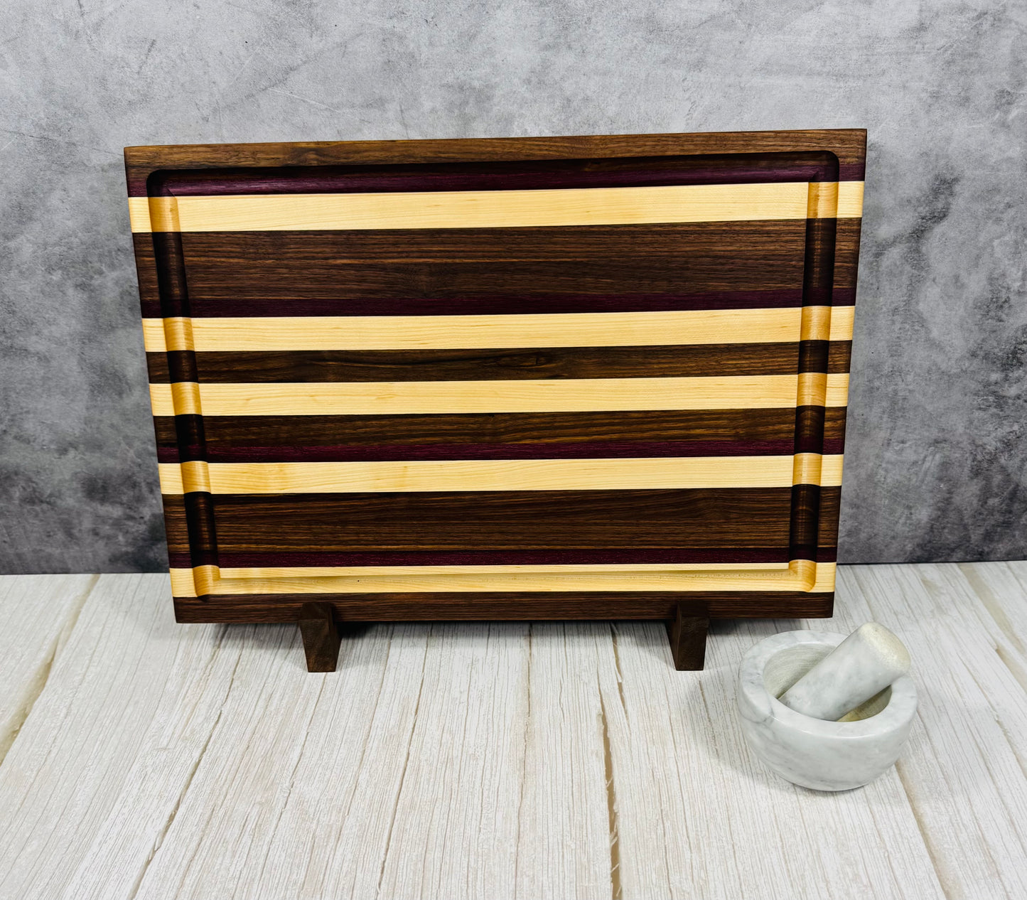 Personalized Luxury Purple Heart, Black Walnut and Maple Solid Wood Edge Grain Cutting Board