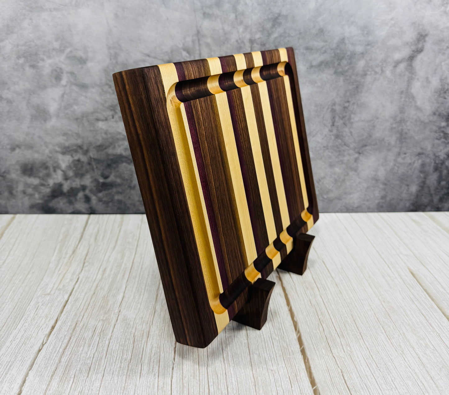 Personalized Luxury Purple Heart, Black Walnut and Maple Solid Wood Edge Grain Cutting Board