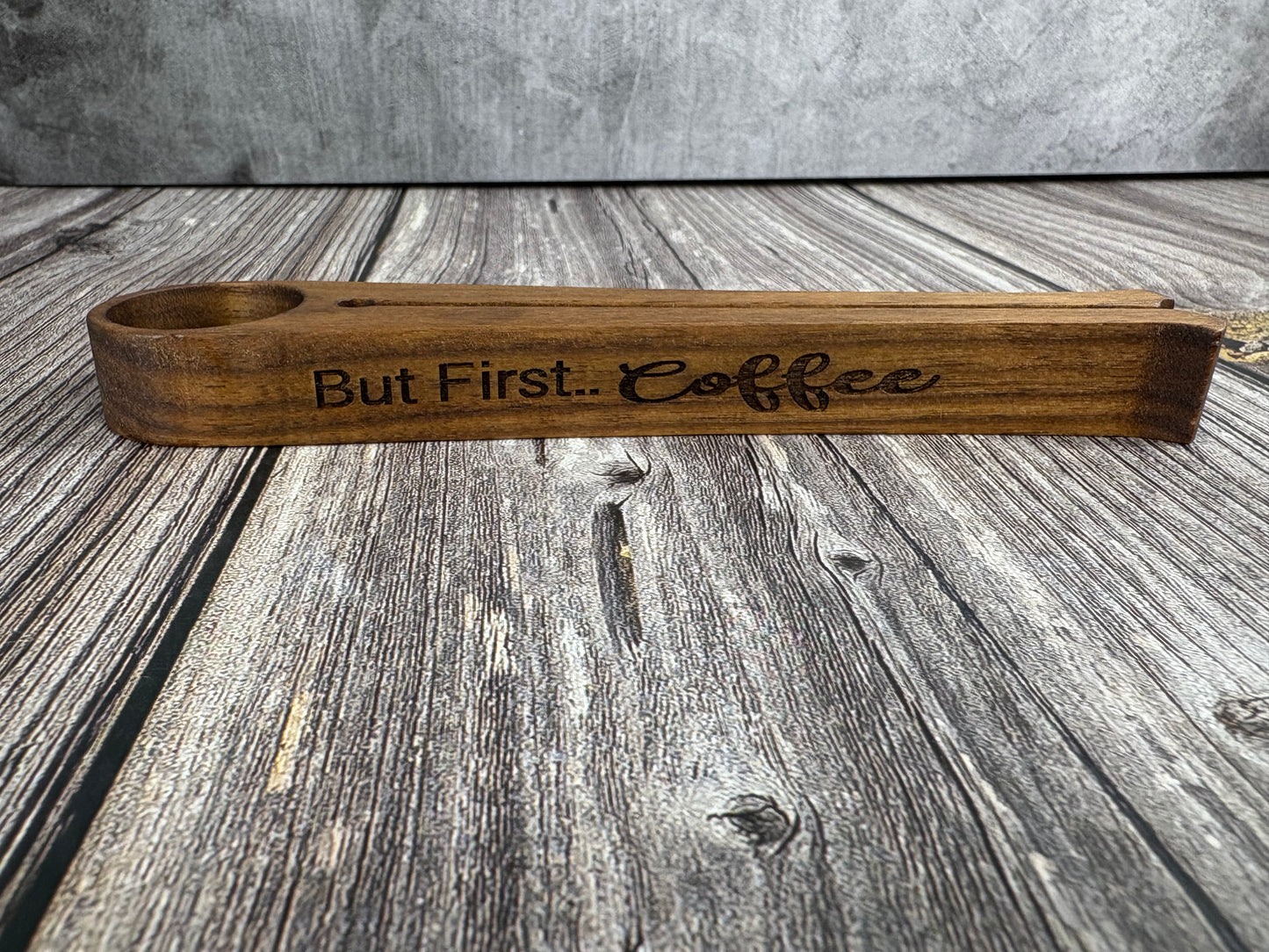 Solid Walnut Wood Laser Engraved Coffee Clip & Scoop - But First.. Coffee