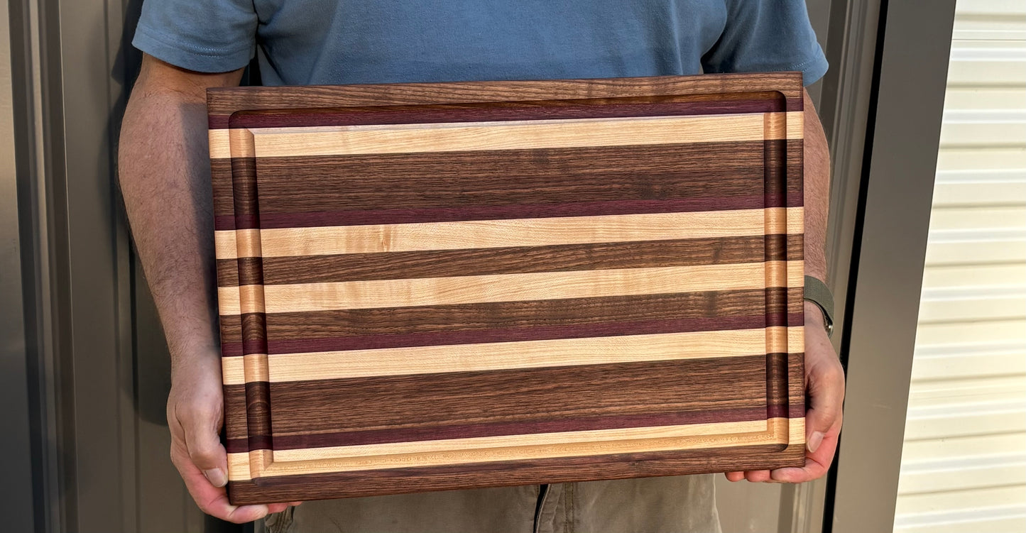 Personalized Luxury Purple Heart, Black Walnut and Maple Solid Wood Edge Grain Cutting Board