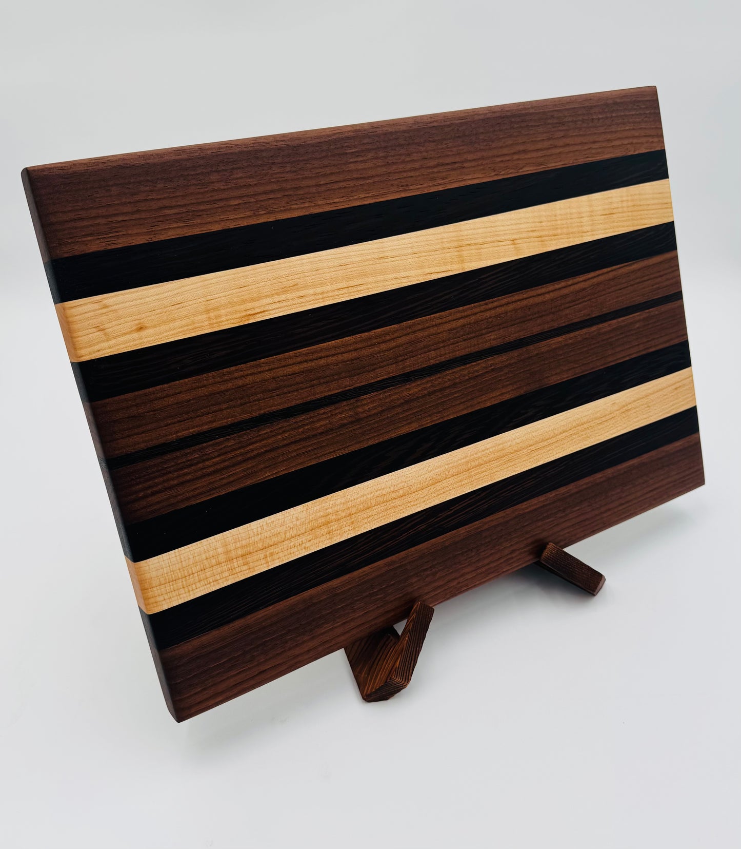 Black Walnut, Wegne, and Maple Solid Wood Edge Grain Hand Crafted Cutting Board