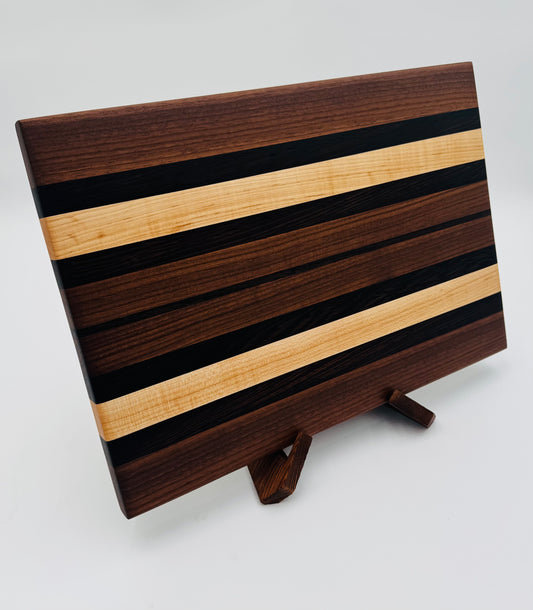 Black Walnut, Wegne, and Maple Solid Wood Edge Grain Hand Crafted Cutting Board