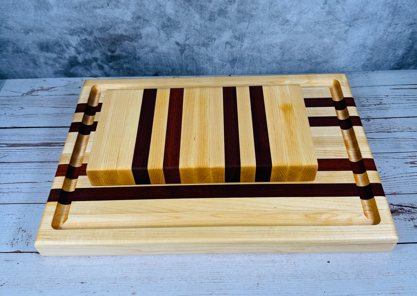 Classic  Edge Grain Cutting Board Set with Cheese Board Choice of Maple with Purple Heart or Black Walnut or Paduak Wood