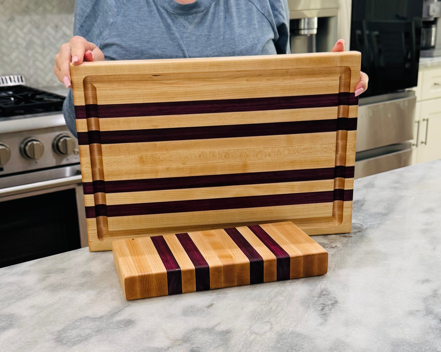 Classic  Edge Grain Cutting Board Set with Cheese Board Choice of Maple with Purple Heart or Black Walnut or Paduak Wood