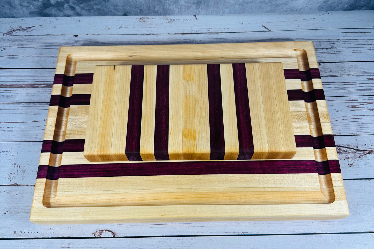 Classic  Edge Grain Cutting Board Set with Cheese Board Choice of Maple with Purple Heart or Black Walnut or Paduak Wood