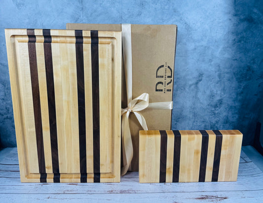 Classic  Edge Grain Cutting Board Set with Cheese Board Choice of Maple with Purple Heart or Black Walnut or Paduak Wood