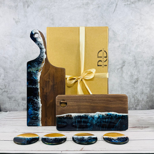 Beach Wave Resin And Black Walnut Cheese Board, Charcuterie Board with 4 Table Coasters