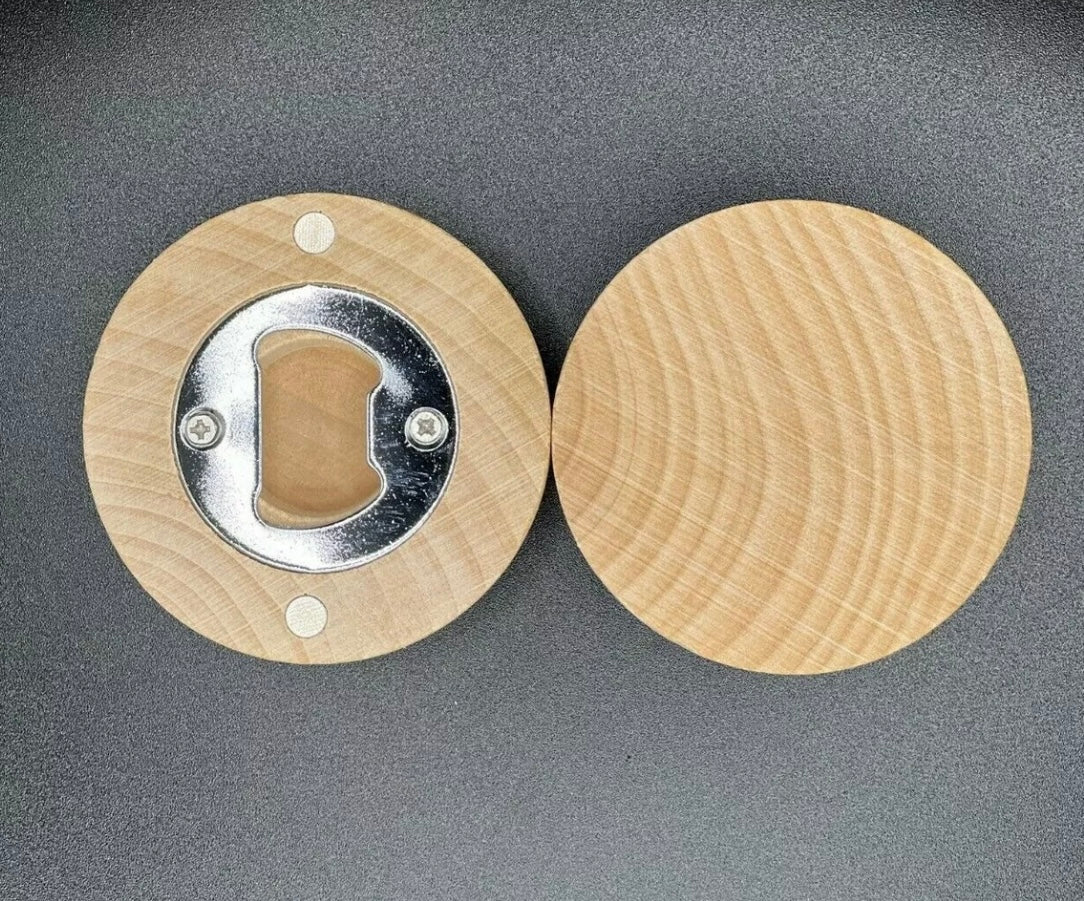 Personalize Puck Style Bottle Opener Maple or Black Walnut 2.75"