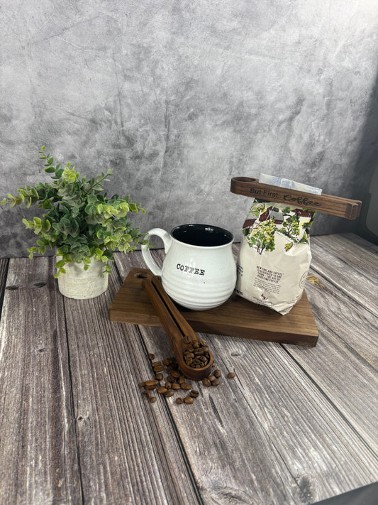 Solid Walnut Wood Laser Engraved Coffee Clip & Scoop - But First.. Coffee
