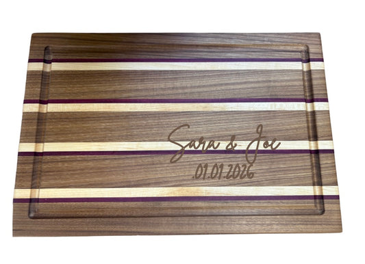 Personalized Luxury Purple Heart, Black Walnut and Maple Solid Wood Edge Grain Cutting Board