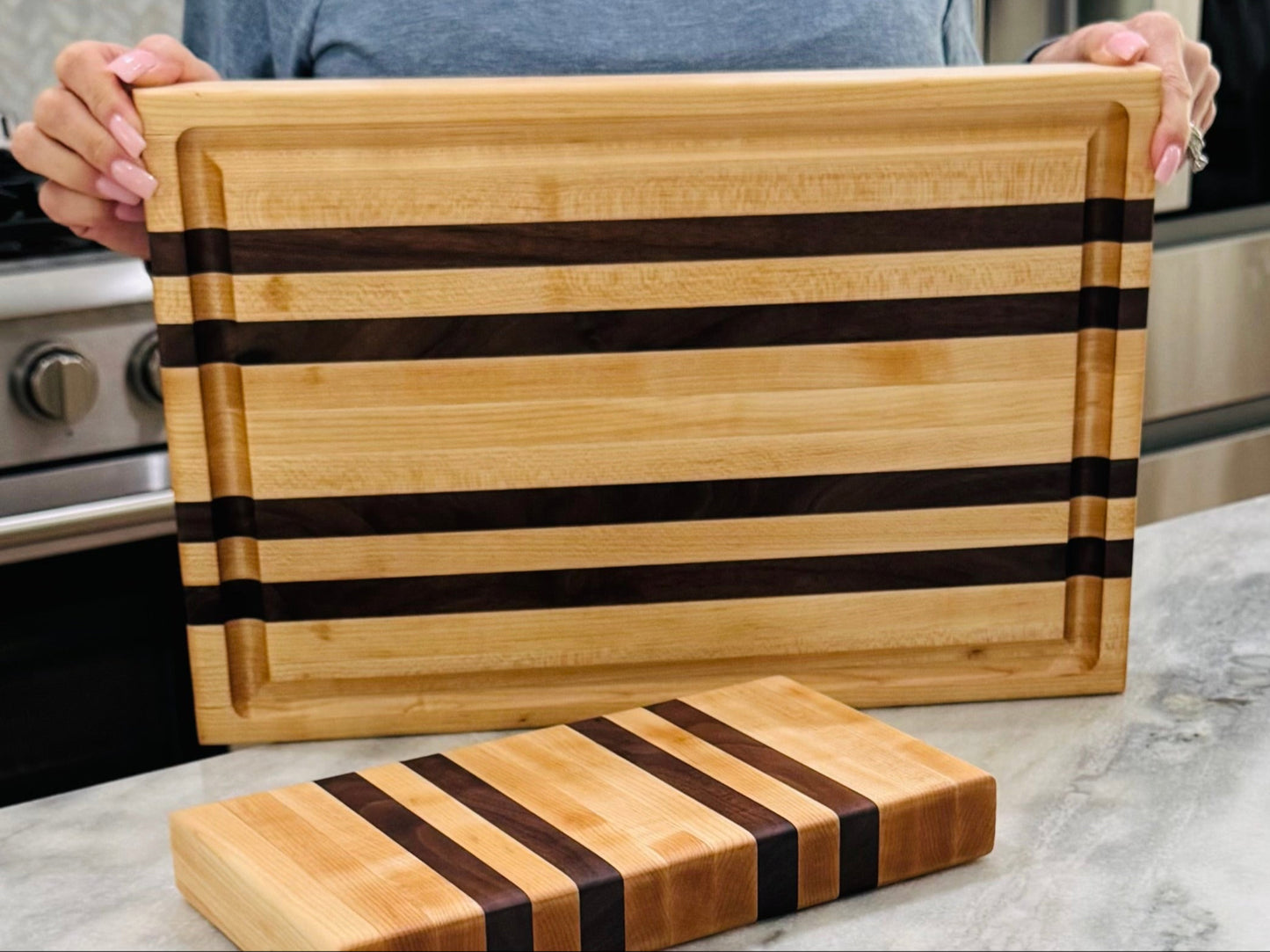Classic  Edge Grain Cutting Board Set with Cheese Board Choice of Maple with Purple Heart or Black Walnut or Paduak Wood